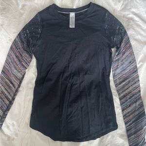 Ivivva Black Long-Sleeve Tee with Multi-Striped Patterned Sleeves